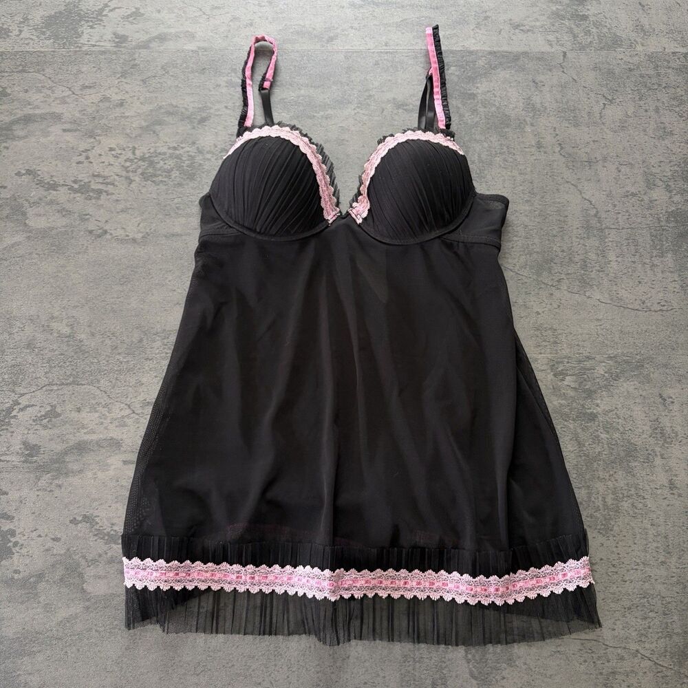 Y2K Black Pink Babydoll Lingerie Slip Dress Top Lace Trim Small Coquette